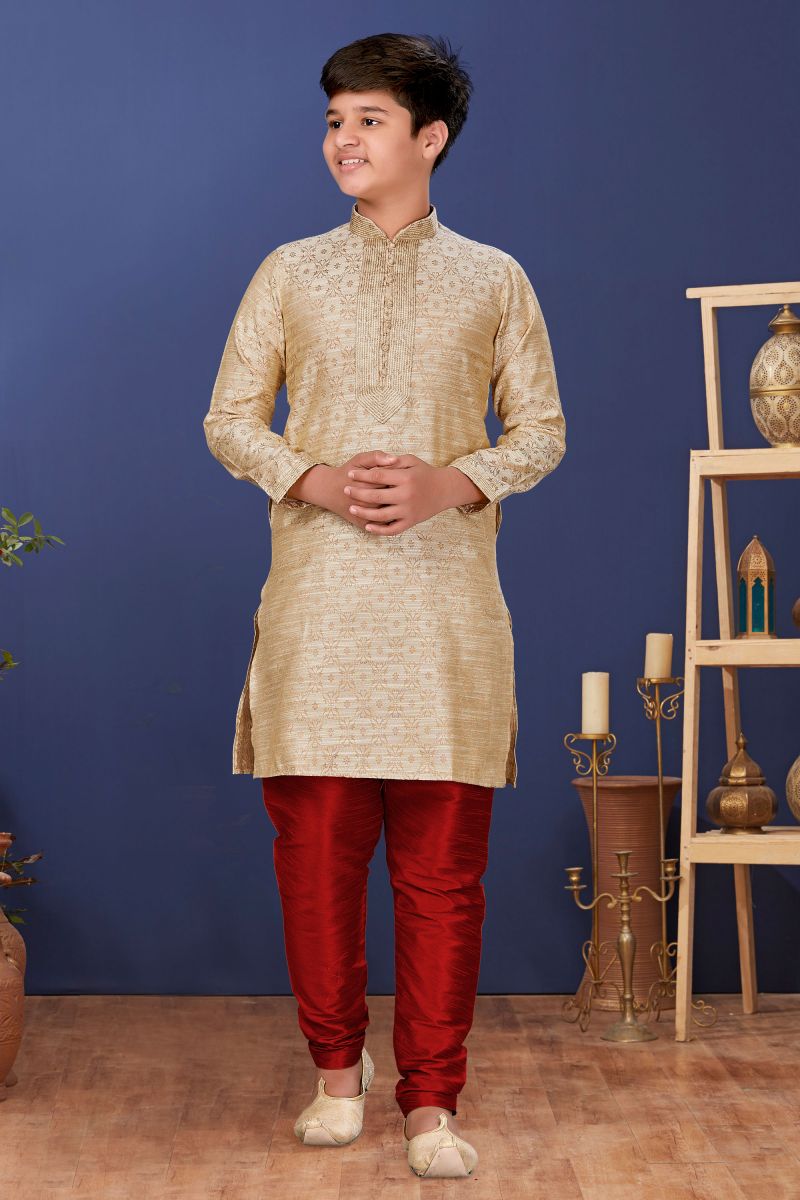 Traditional Wear Jacquard Silk Beige Color Fancy Readymade Kurta Pyjama For Boys