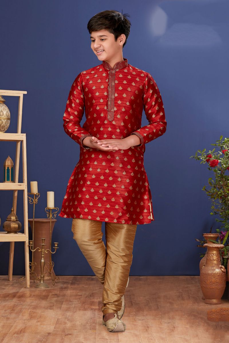 Jacquard Silk Maroon Color Traditional Wear Boys Fancy Readymade Kurta Pyjama