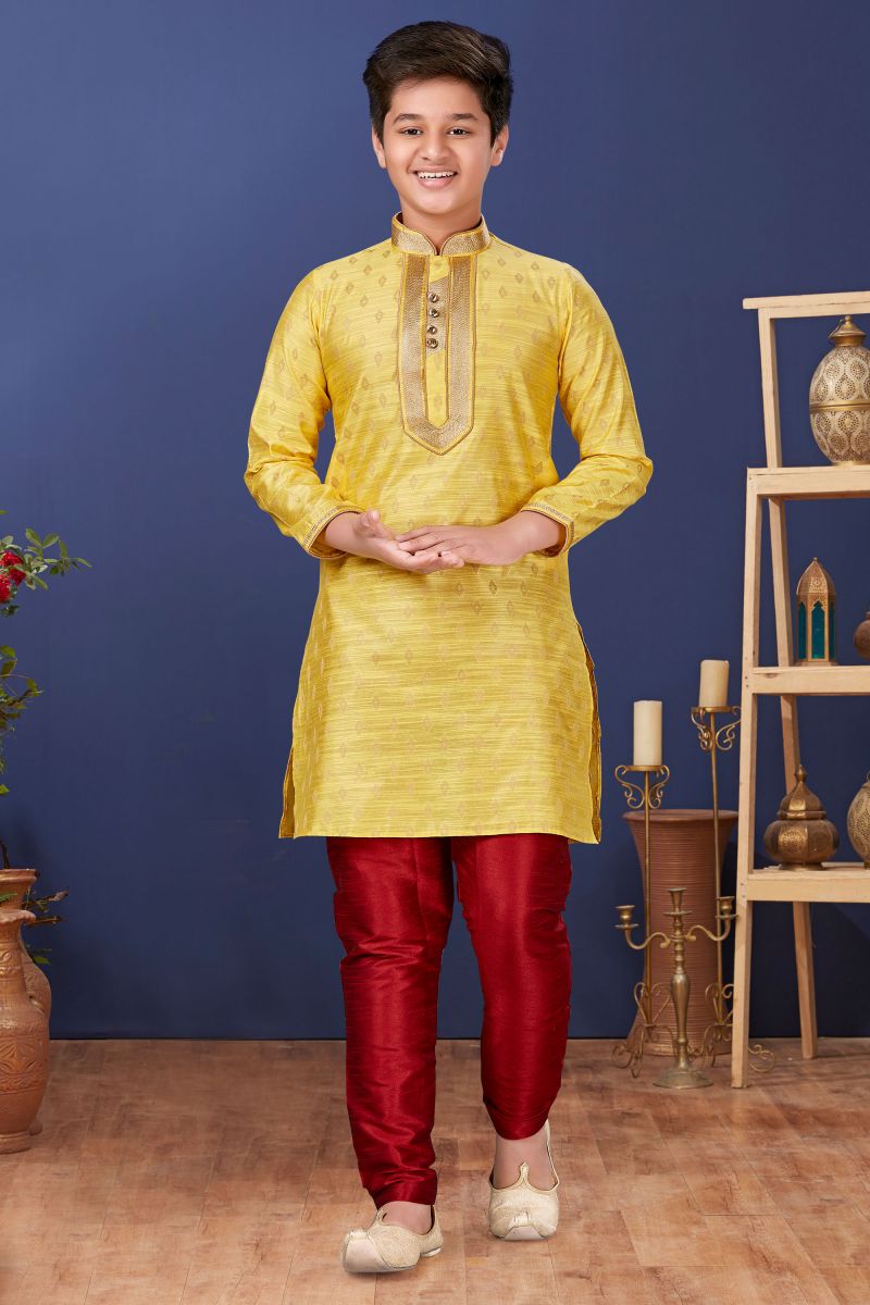 Yellow Color Traditional Wear Jacquard Silk Fancy Readymade Kurta Pyjama For Boys