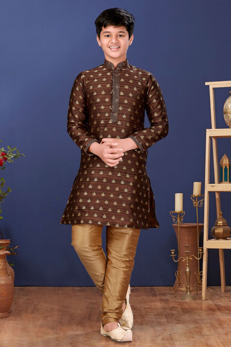 Traditional Wear Jacquard Silk Fancy Readymade Kurta Pyjama For Boys In Brown Color