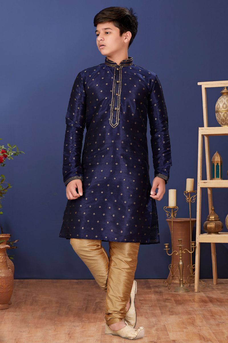 Occasion Wear Trendy Readymade Kurta Pyjama For Boys In Navy Blue Color Art Silk Fabric