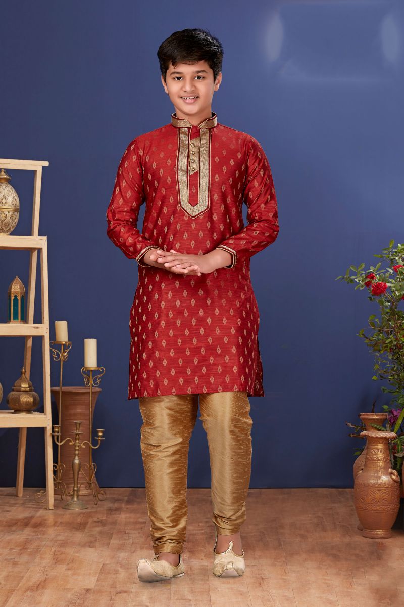 Occasion Wear Maroon Color Jacquard Silk Readymade Boys Kurta Pyjama