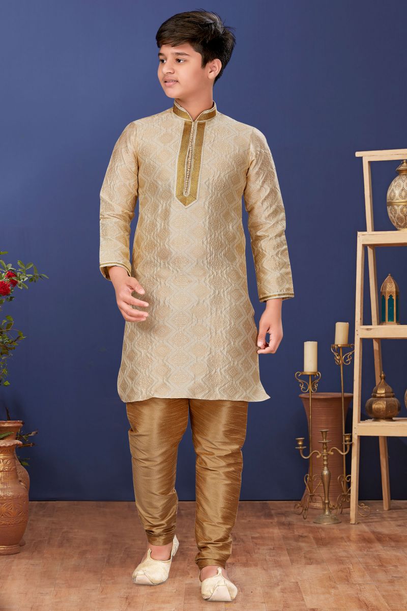 Beige Color Jacquard Silk Traditional Wear Boys Fancy Readymade Kurta Pyjama