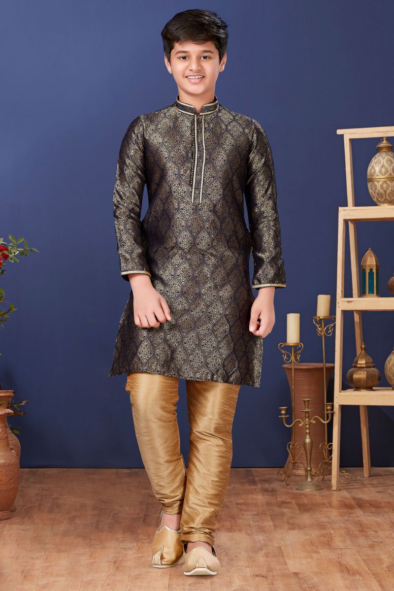 Wedding Wear Black Color Jacquard Silk Boys Readymade Kurta Pyjama