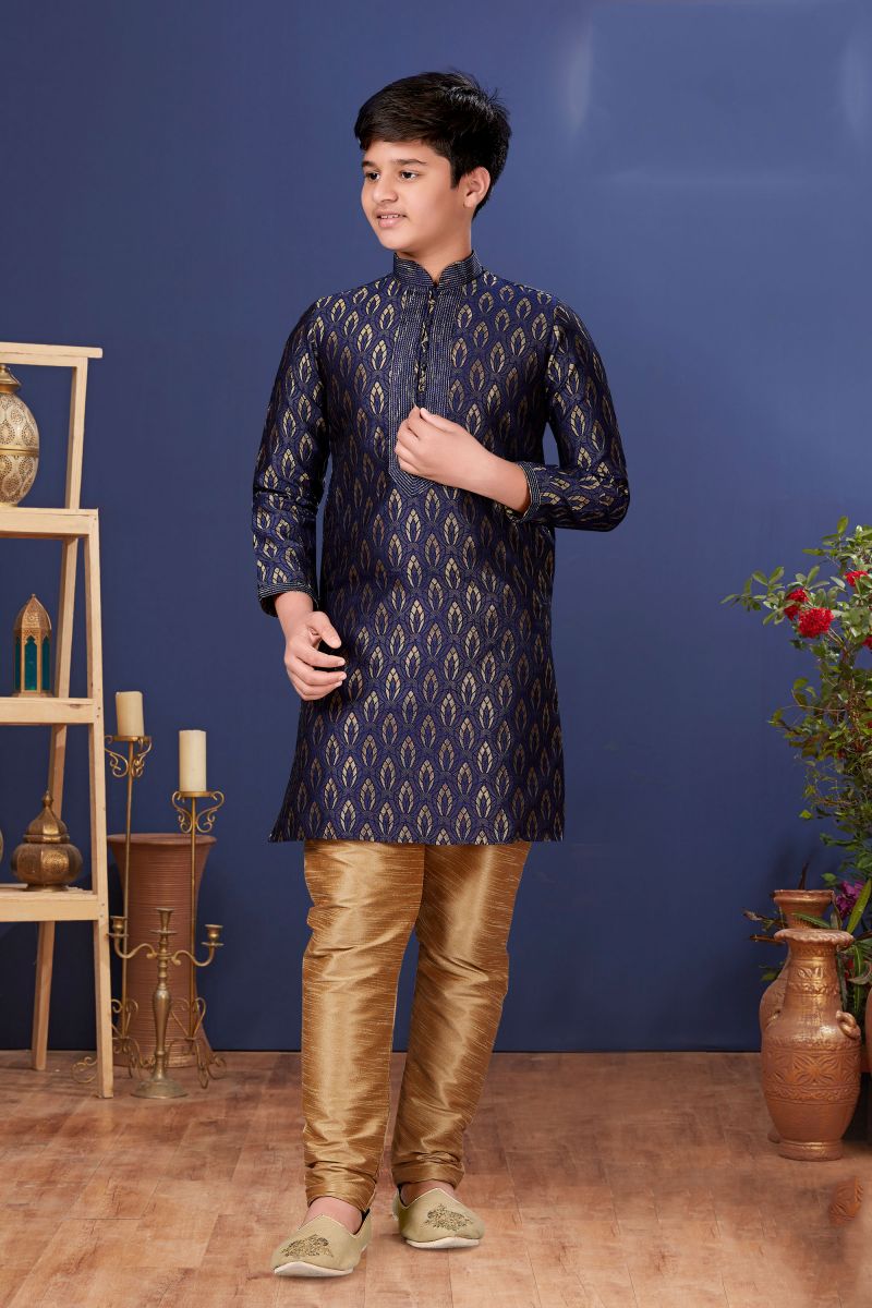 Traditional Wear Jacquard Silk Fancy Readymade Kurta Pyjama For Boys In Navy Blue Color