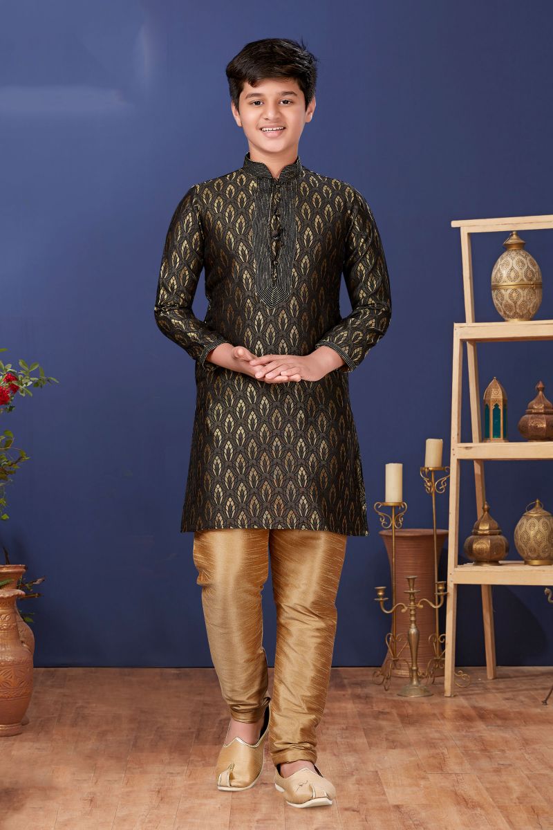 Occasion Wear Trendy Readymade Kurta Pyjama For Boys In Black Color Jacquard Silk