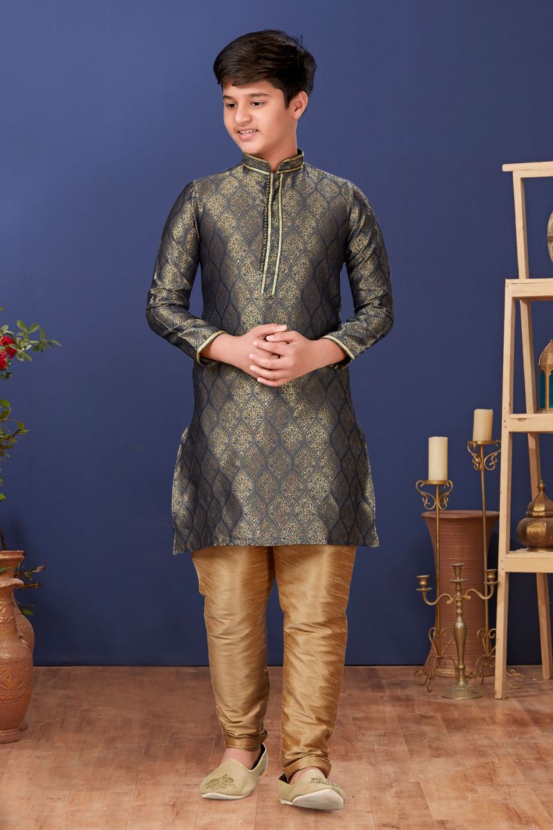 Occasion Wear Grey Color Jacquard Silk Boys Trendy Readymade Kurta Pyjama