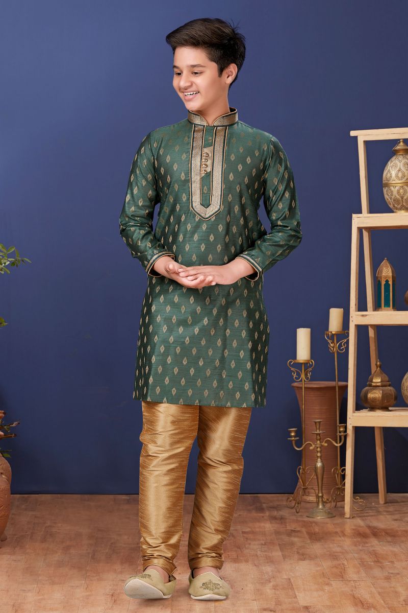 Green Occasion Wear Jacquard Silk Designer Readymade Kurta Pyjama For Boys