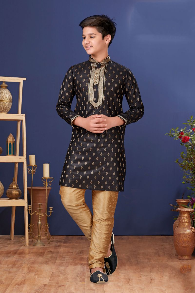 Occasion Wear Jacquard Silk Designer Readymade Kurta Pyjama For Boys In Black