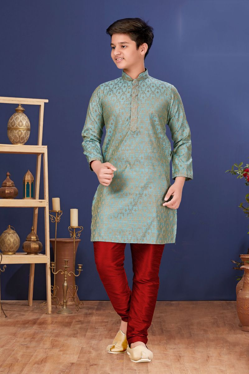 Sangeet Function Wear Designer Readymade Kurta Pyjama For Boys In Jacquard Silk Sea Green