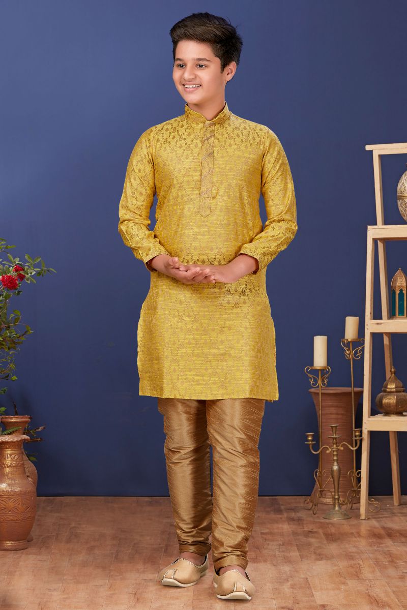 Yellow Jacquard Silk Sangeet Function Wear Boys Designer Readymade Kurta Pyjama