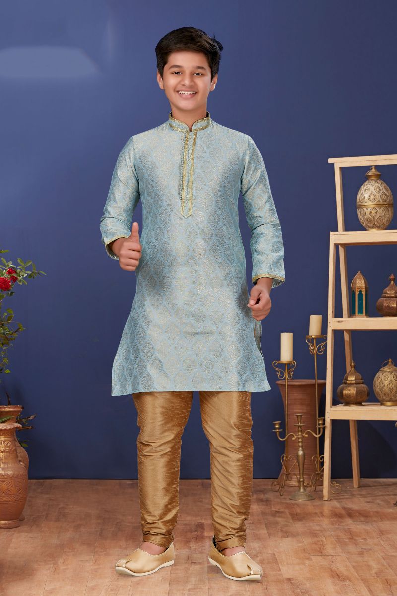 Sangeet Function Wear Light Cyan Jacquard Silk Stylish Readymade Kurta Pyjama For Boys