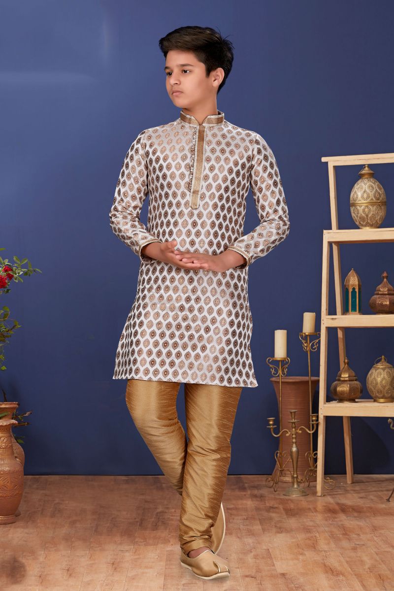 Function Wear Jacquard Silk Stylish Readymade Kurta Pyjama For Boys In Off White