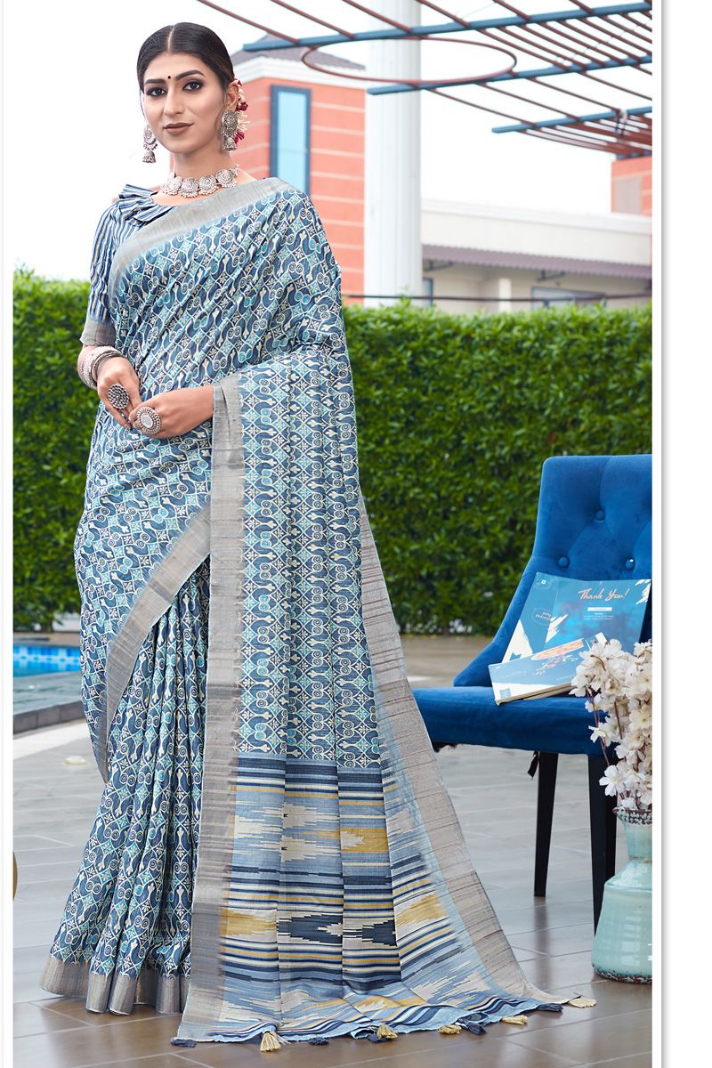 Weaving Work On Blue Color Banarasi Art Silk Saree