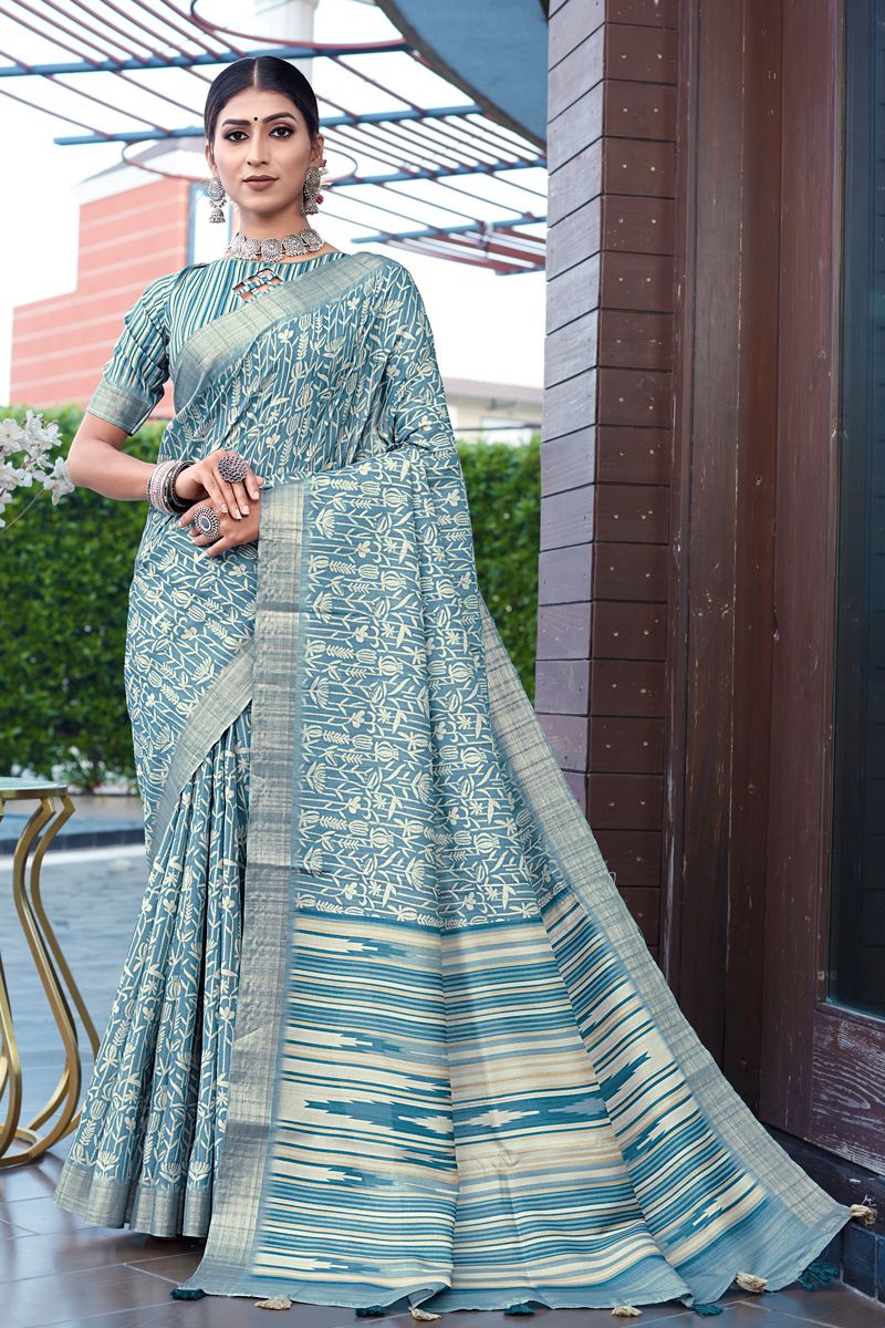 Weaving Work On Banarasi Art Silk Saree In Blue Color