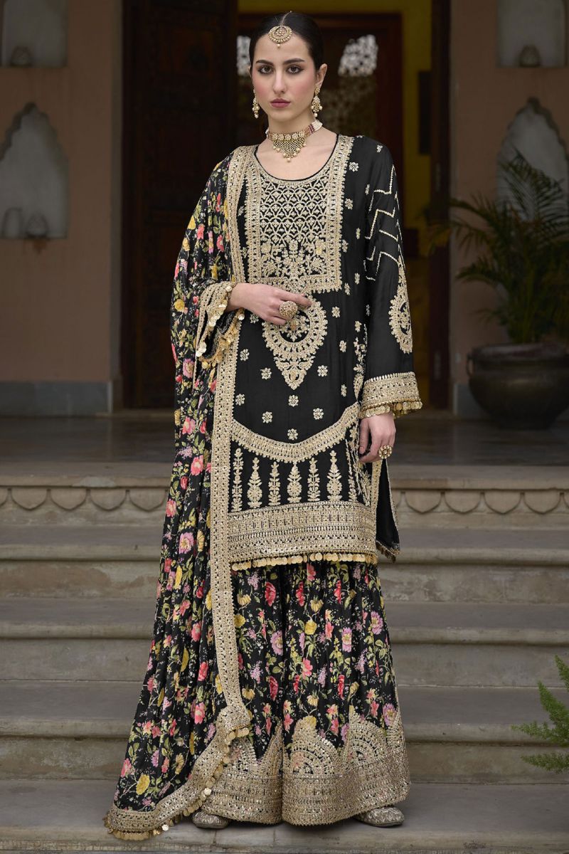 Exclusive Black Color Readymade Palazzo Suit In Chinon Fabric