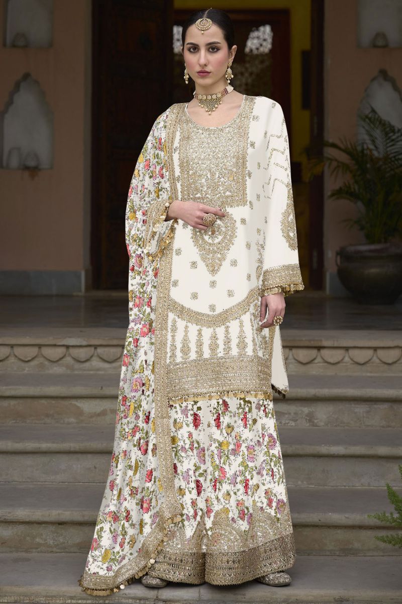 White Color Exquisite Readymade Palazzo Suit In Chinon Fabric