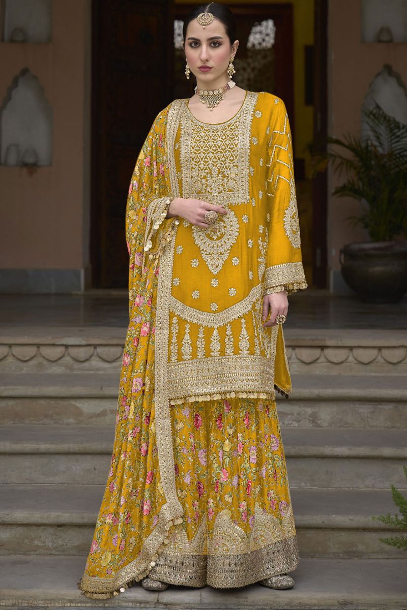 Attractive Chinon Fabric Yellow Color Readymade Palazzo Suit