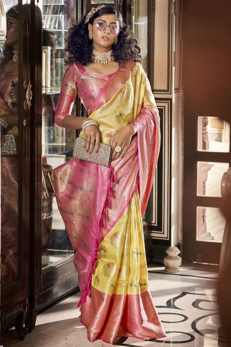 Organza Stunning Festive Style Saree In Yellow Color