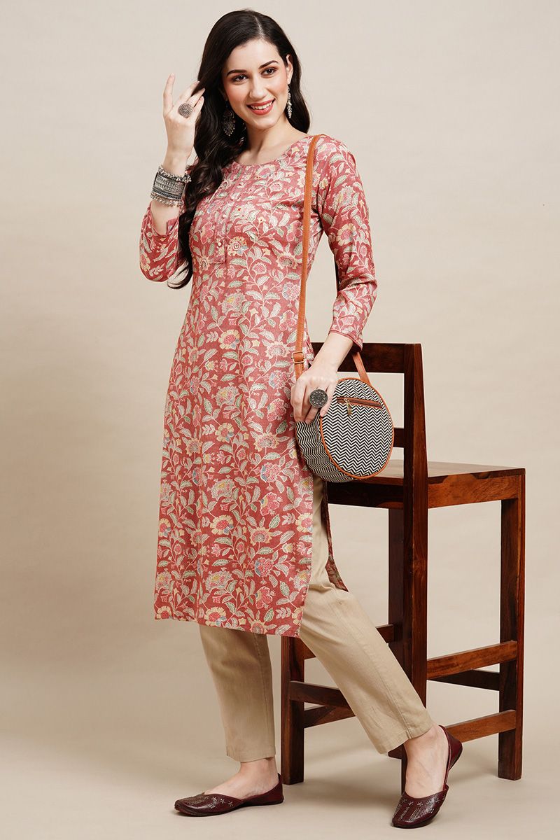 Rayon Maroon Color Straight Readymade Kurti With Printed Designs