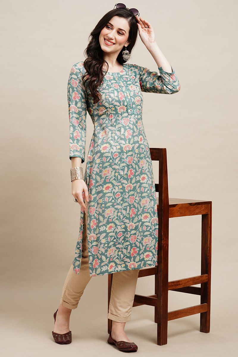 Sea Green Color Rayon Readymade Kurti With Printed Designs