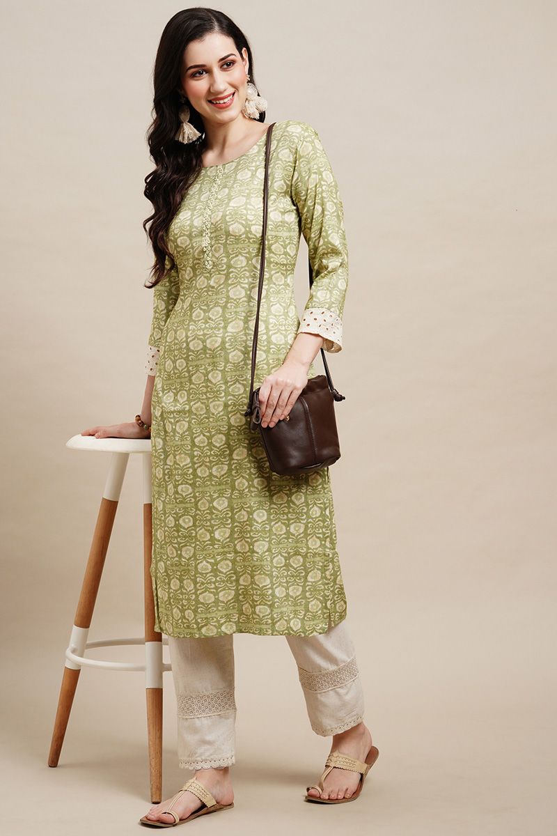 Rayon Green Color Readymade Kurti With Bold Printed Designs