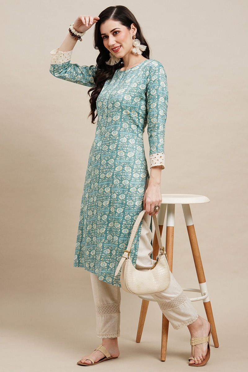 Rayon Sky Blue Color Readymade Kurti With Printed Designs