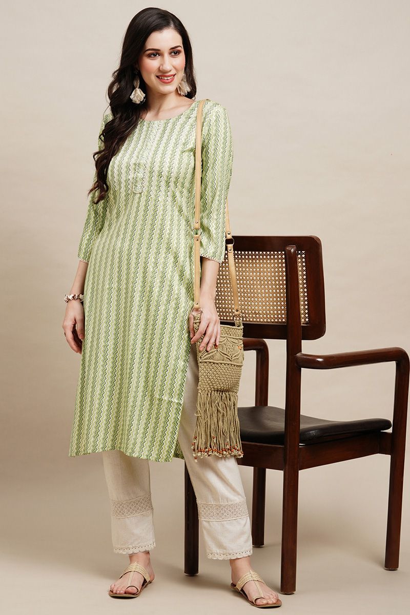 Green Color Straight Readymade Kurti With Printed Designs