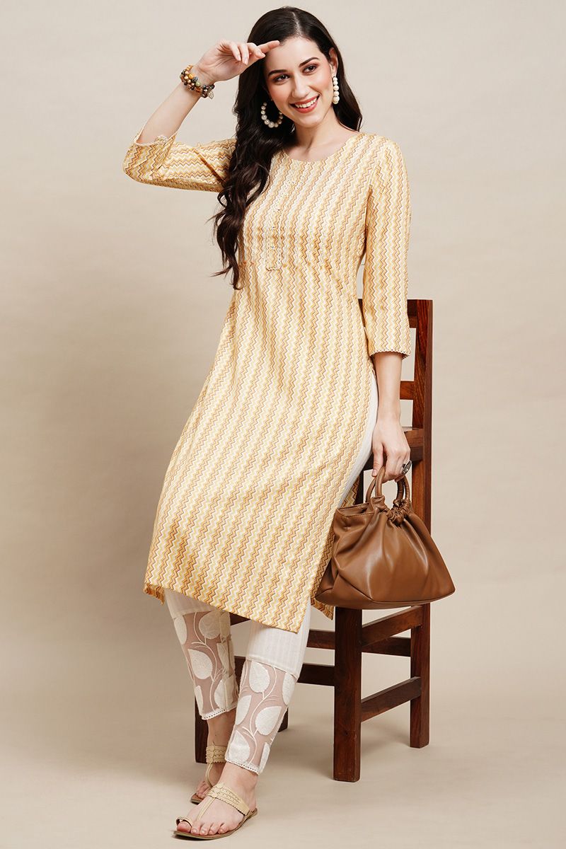 Printed Rayon Readymade Kurti In Yellow Color