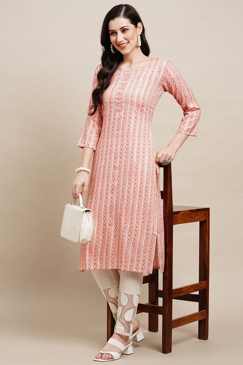 Rayon Printed Readymade Kurti In Pink Color