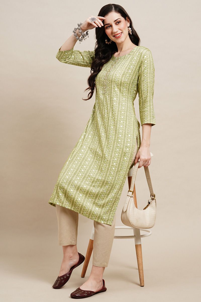 Printed Rayon Readymade Kurti In Green Color