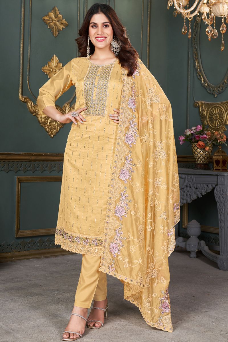 Tempting Organza Fabric Cream Color Function Wear Salwar Suit