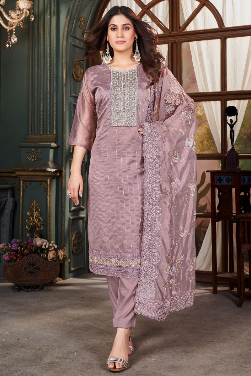 Appealing Lavender Color Organza Fabric Festive Wear Salwar Kameez