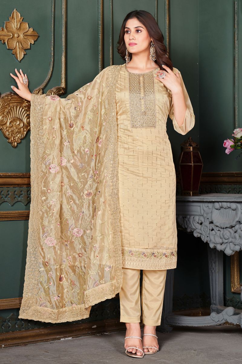 Classic Beige Color Function Wear Salwar Suit In Organza Fabric