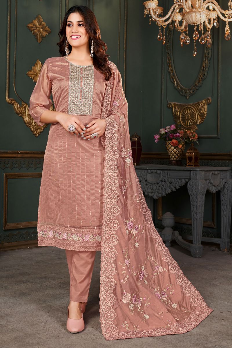 Organza Fabric Peach Color Festive Wear Engaging Salwar Kameez