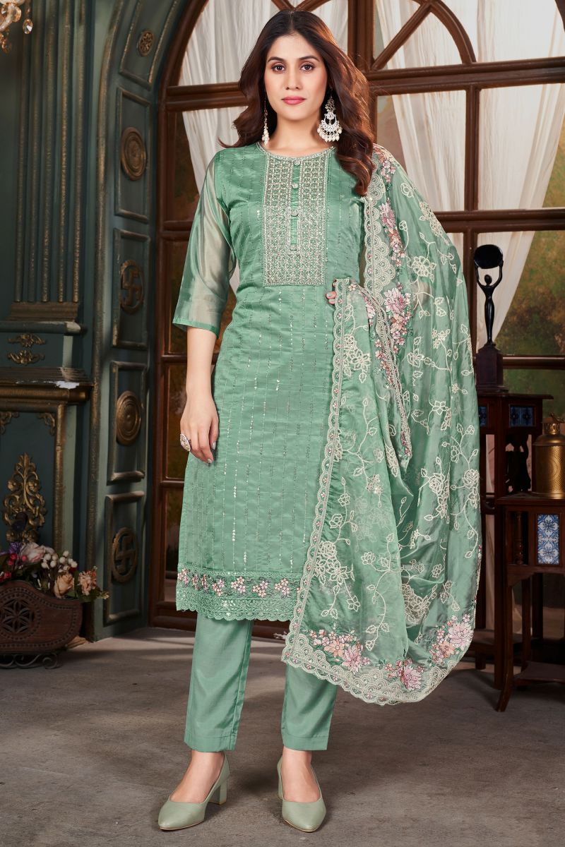 Creative Function Wear Organza Fabric Salwar Suit In Sea Green Color