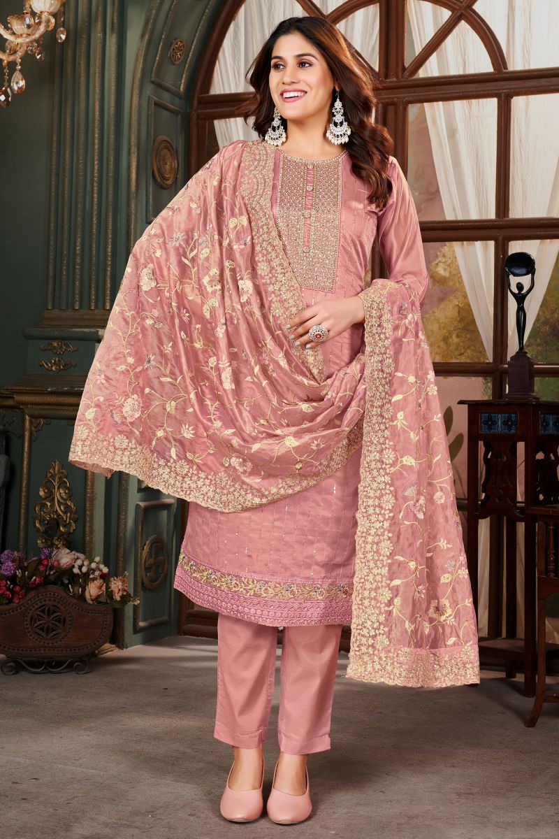 Incredible Organza Fabric Pink Color Function Wear Salwar Suit