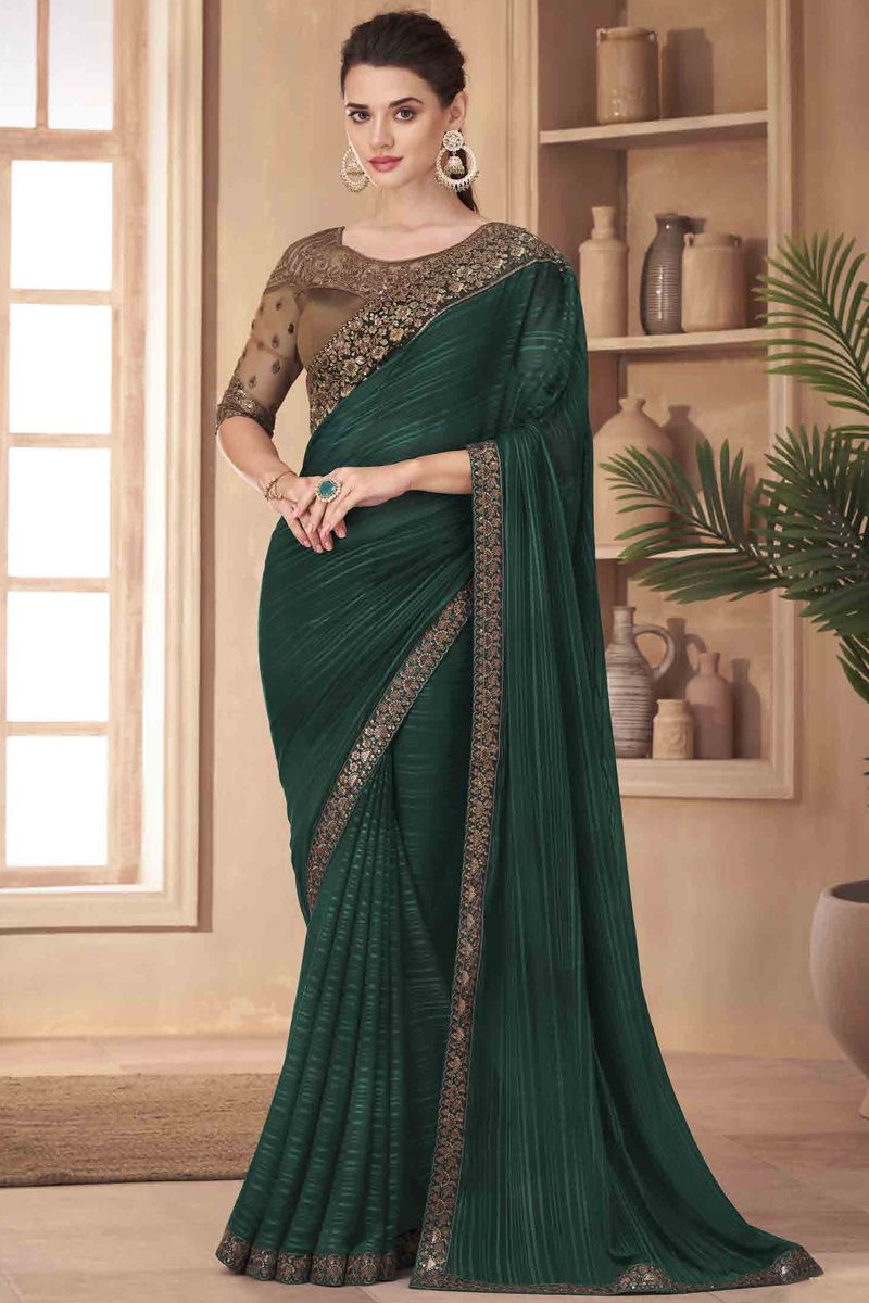 Art Silk Dark Green Color Saree With Vintage Border Work