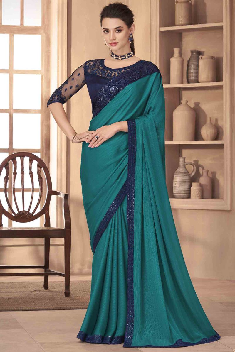 Art Silk Cyan Color Saree With Excellent Border Work