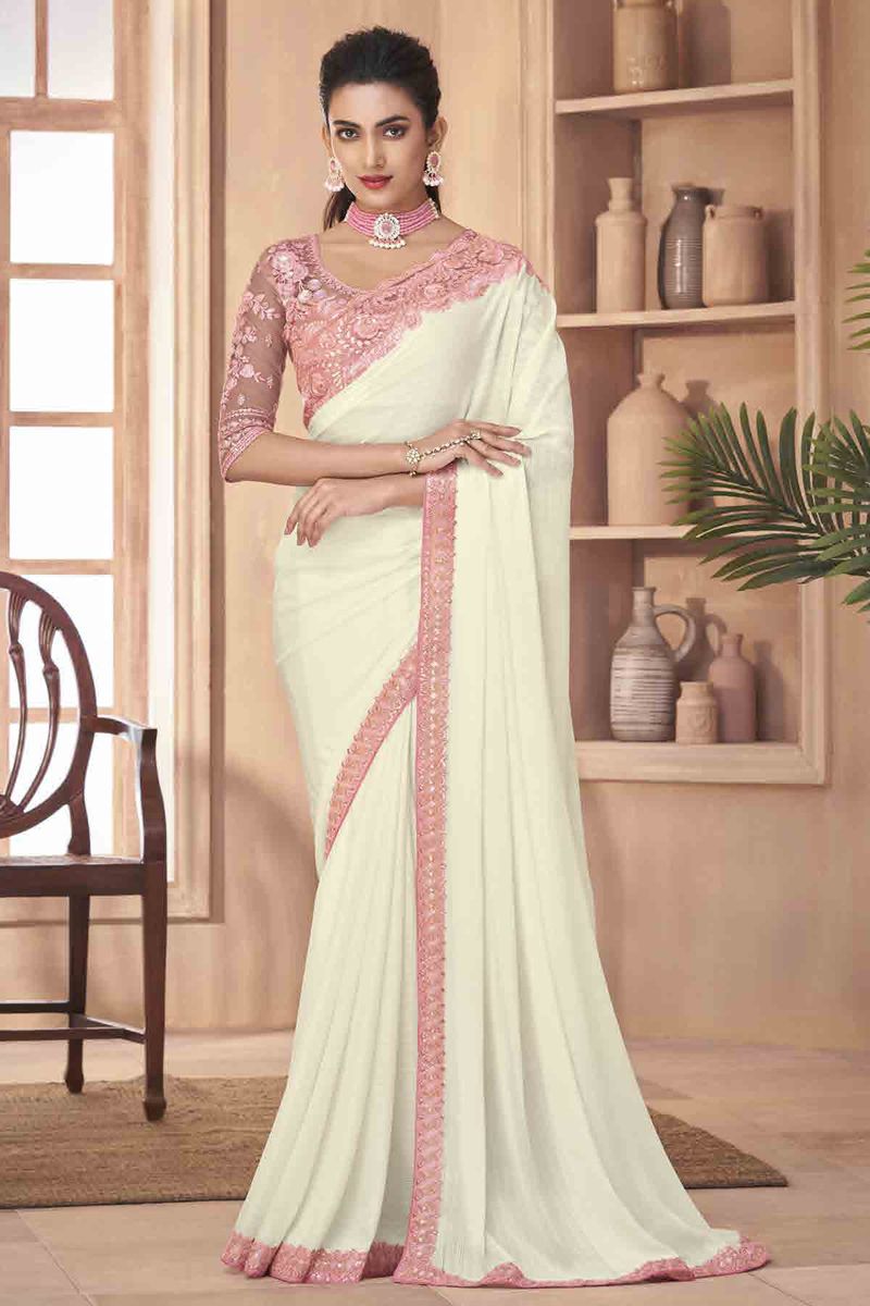 Border Work Art Silk Off White Color Saree