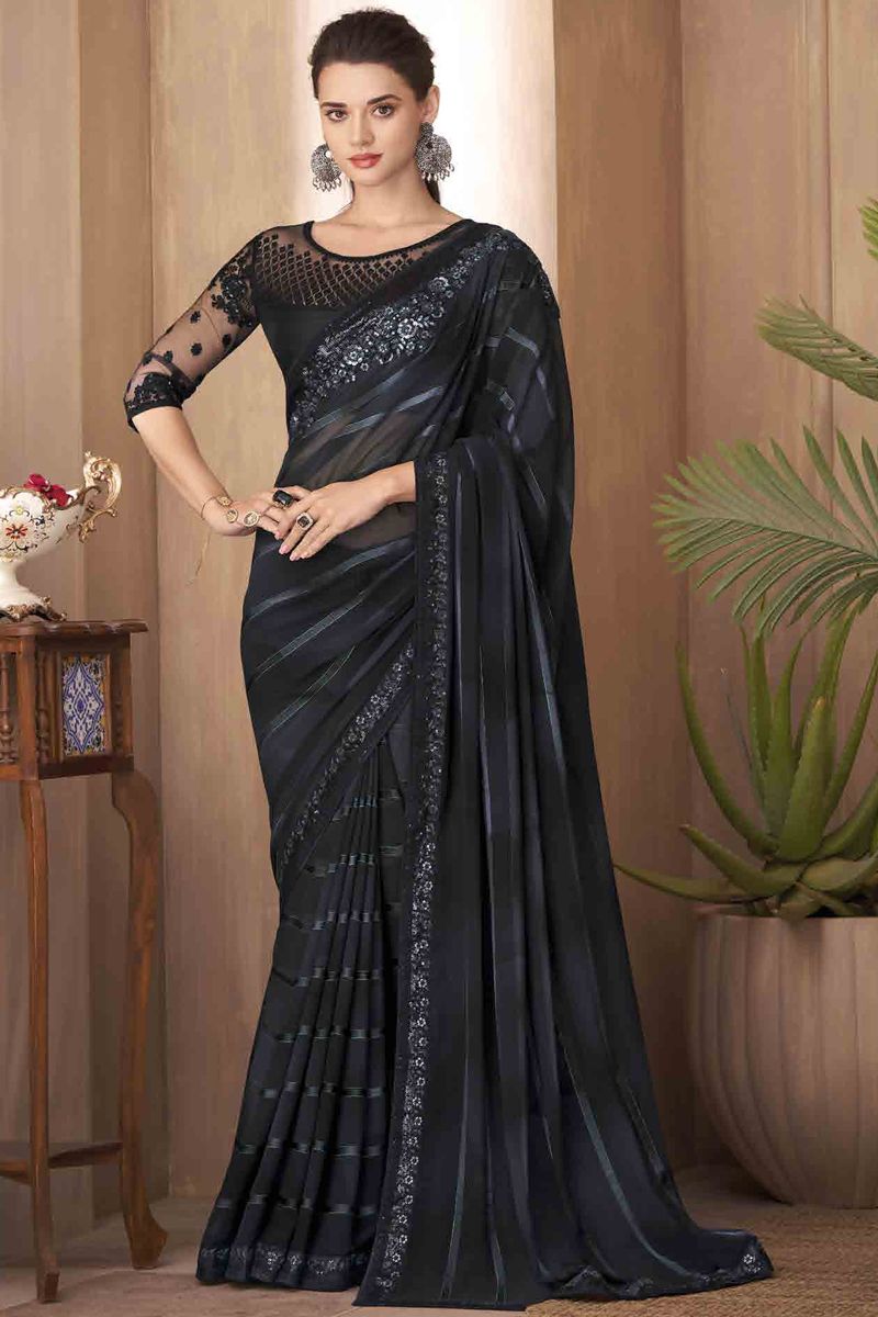 Border Work Black Color Art Silk Saree