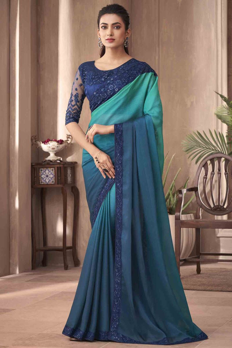 Border Work Art Silk Sea Green Color Saree