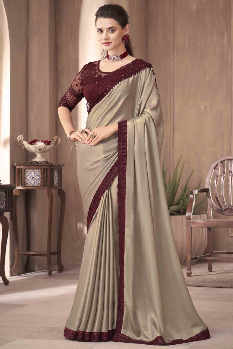 Art Silk Beige Color Saree With Soothing Border Work