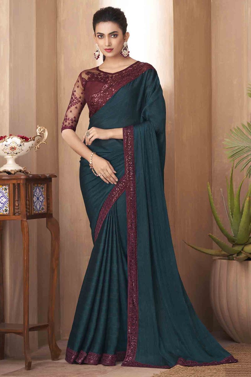 Art Silk Teal Color Saree With Brilliant Border Work