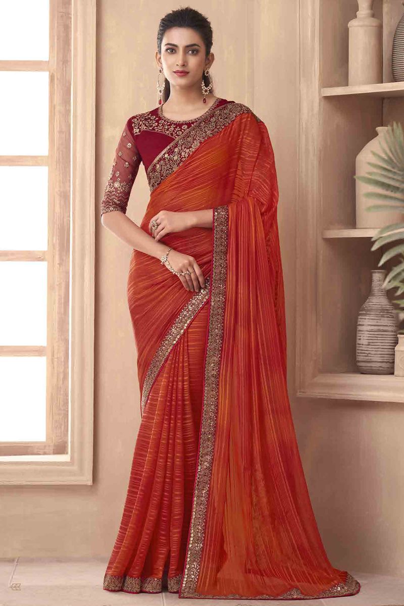 Art Silk Orange Color Saree With Blazing Border Work