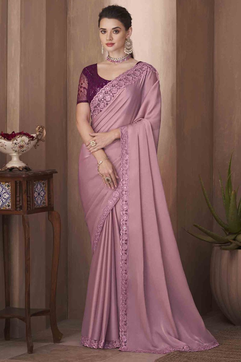 Border Work Pink Color Art Silk Saree