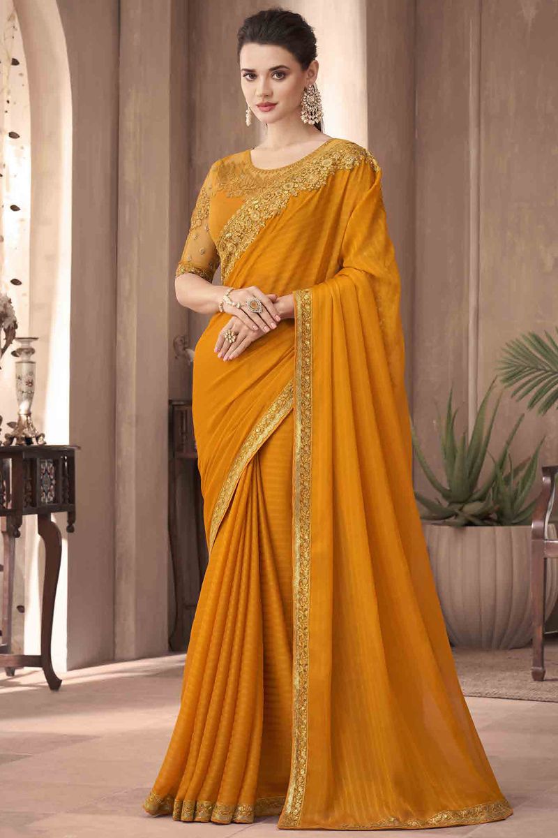 Border Work Mustard Color Art Silk Saree