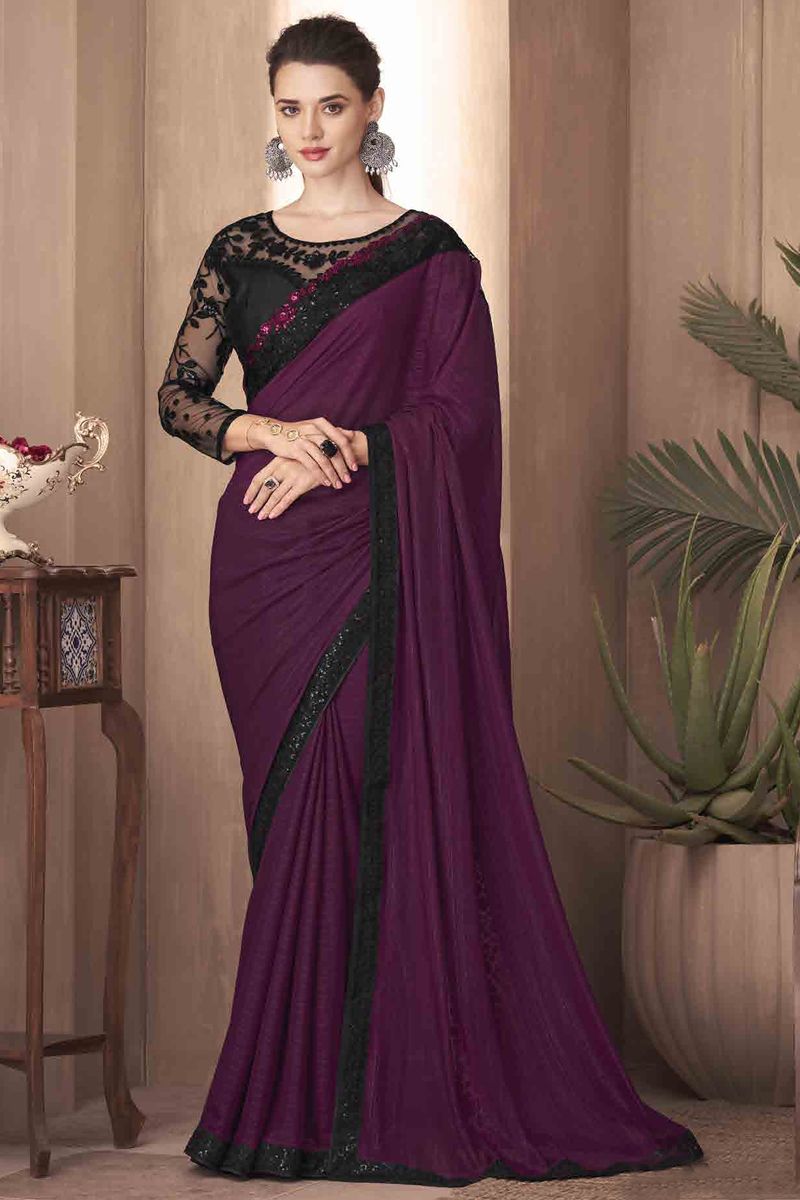 Border Work Art Silk Purple Color Saree