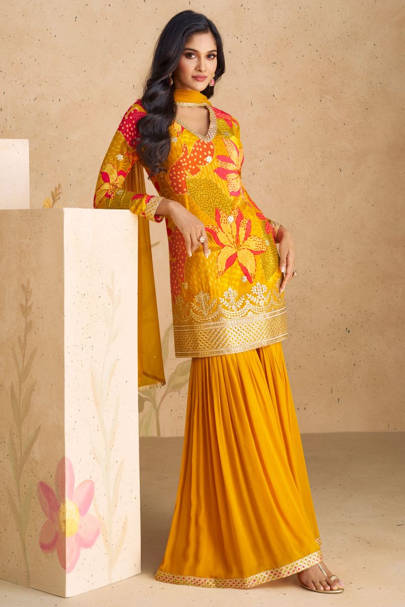 Sushrii Mishraa Classic Orange Color Palazzo Suit In Chinon Fabric