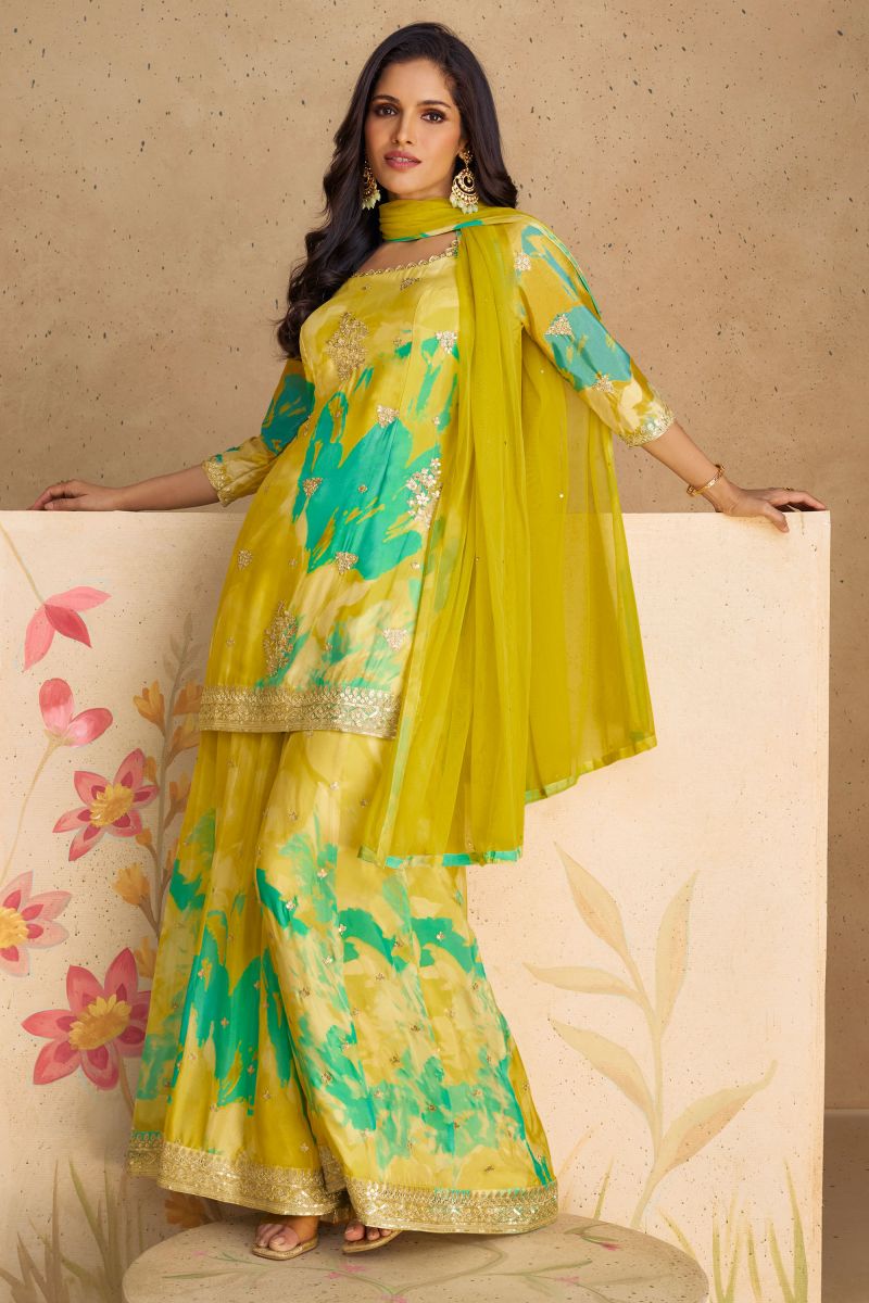 Vartika Singh Chinon Fabric Green Color Winsome Palazzo Suit